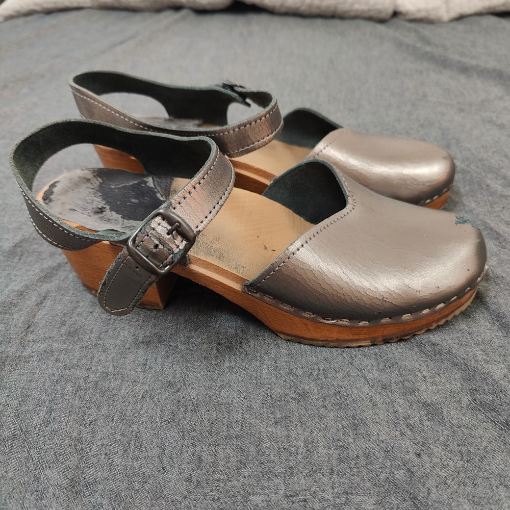 Vollsjo Clogs Womens 40 Pewter Metallic Leather‎ Wooden Ankle Strap Boho Retro - Picture 2 of 12